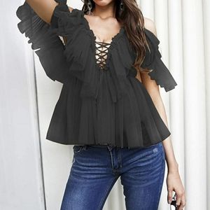 Off shoulder Deep v neck lace up Ruffle blouse
